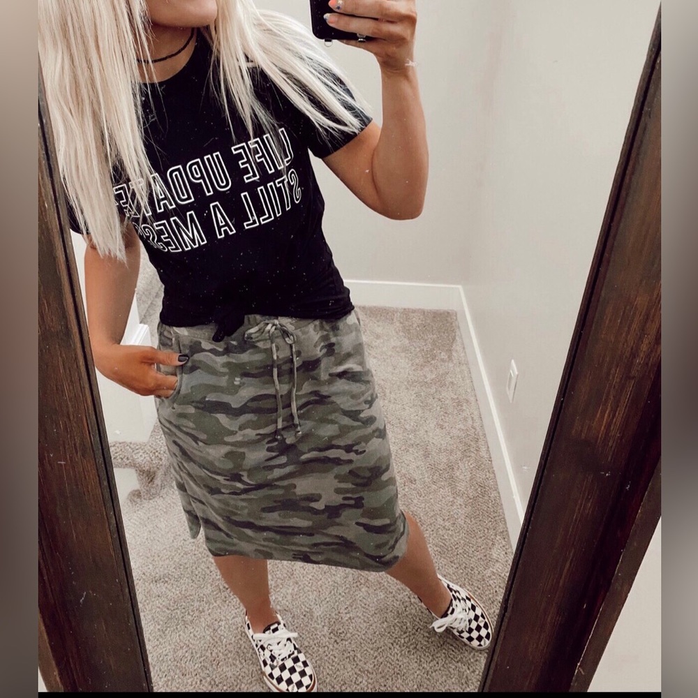Camo Skirt Drawstring Pockets Green Tan Charcoal S